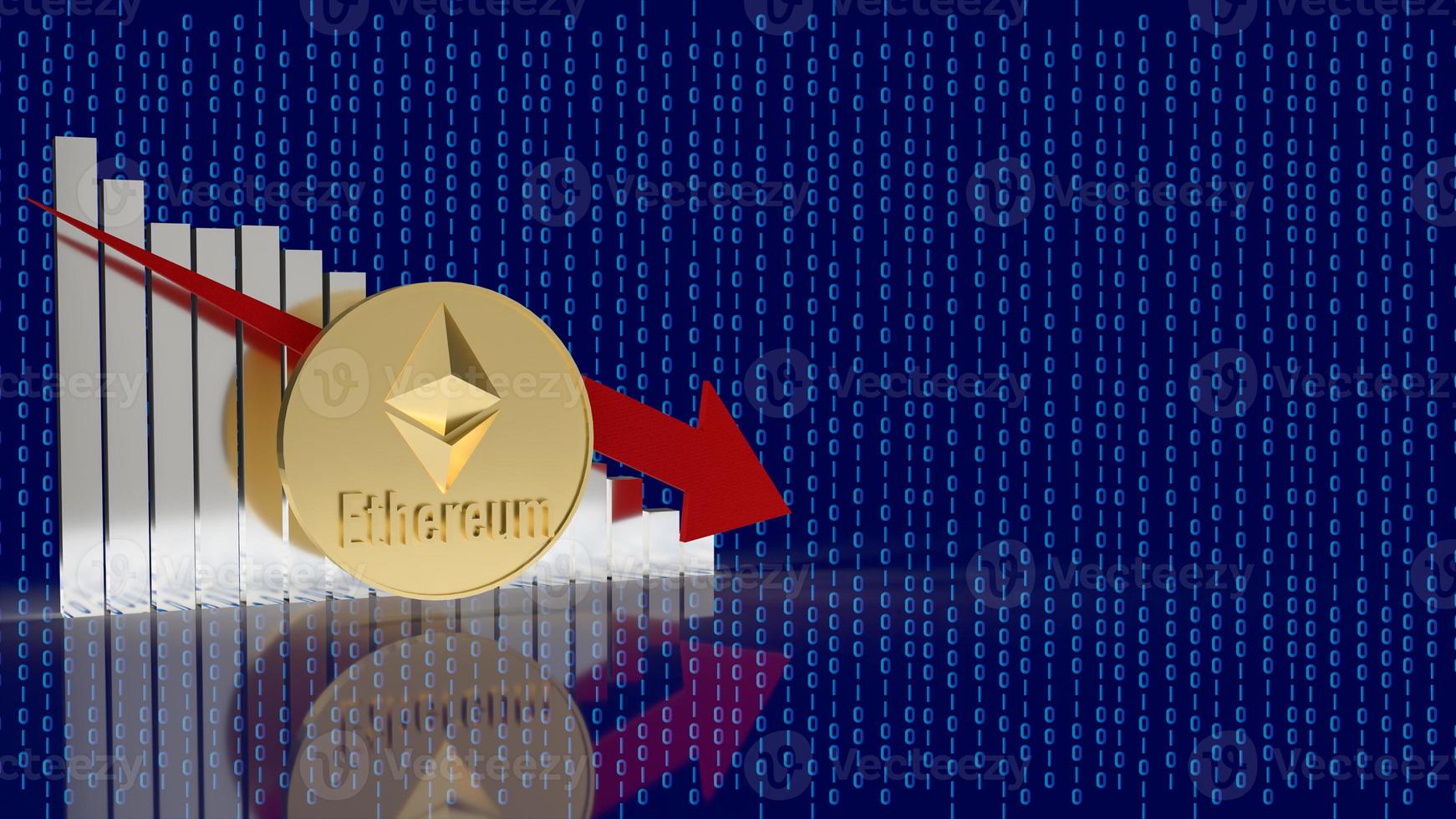 The  ethereum coin and chart  red arrow chart on digital background 3d rendering photo