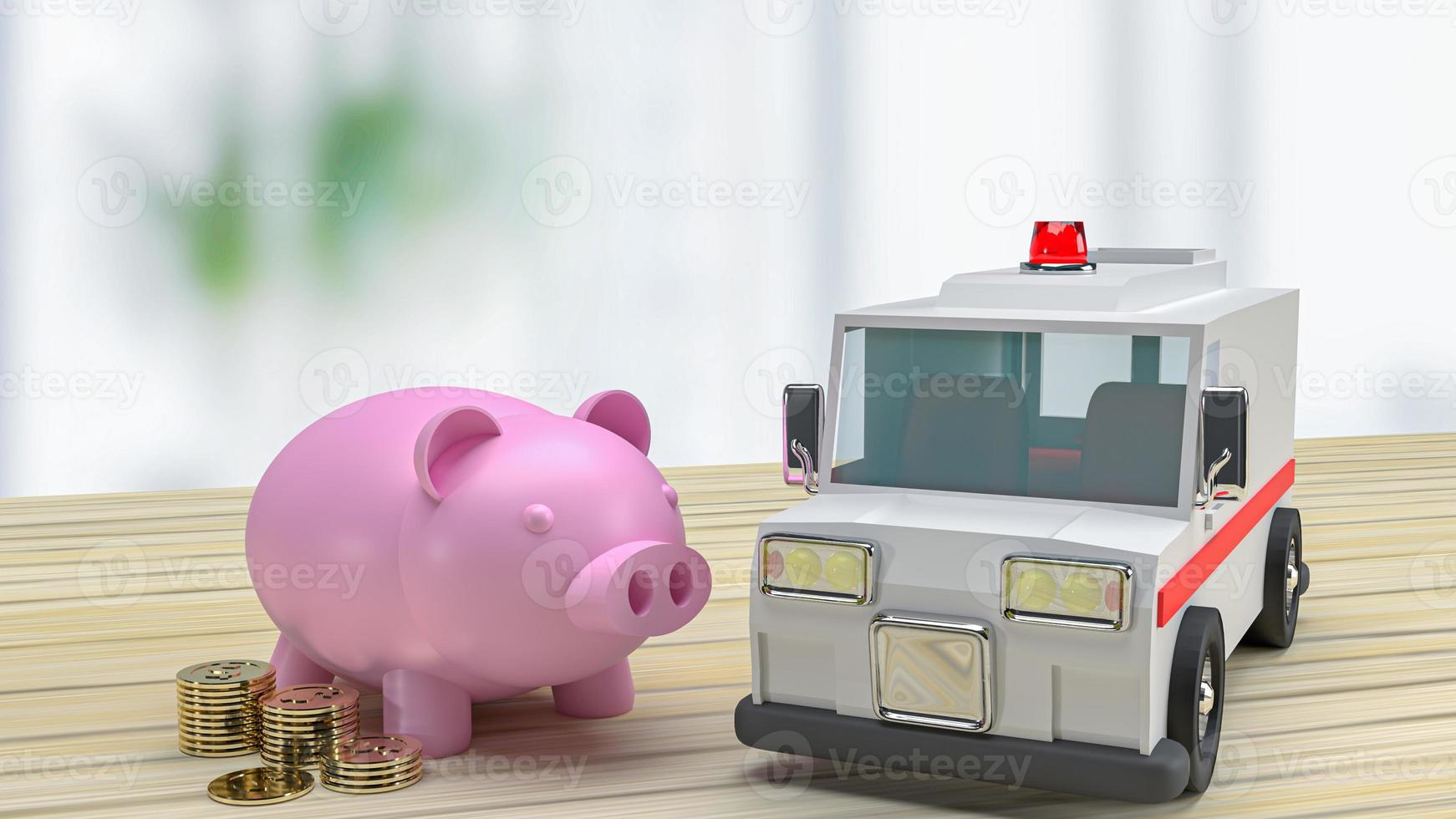 ambulance  and piggy bank on wood table for health care or medical concept 3d rendering photo
