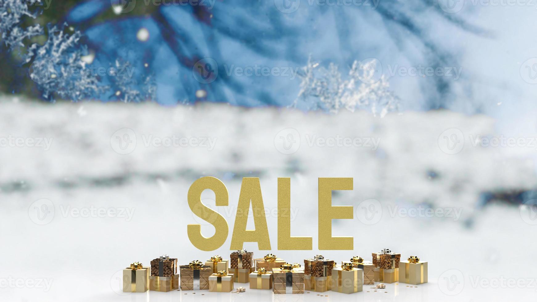 The sale gold text and gift box on winter background 3d rendering photo