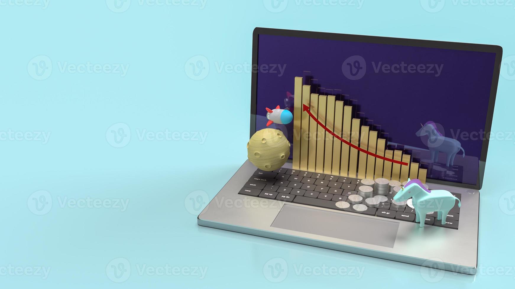 The unicorn and rocket on notebook for startup content 3d rendering. photo