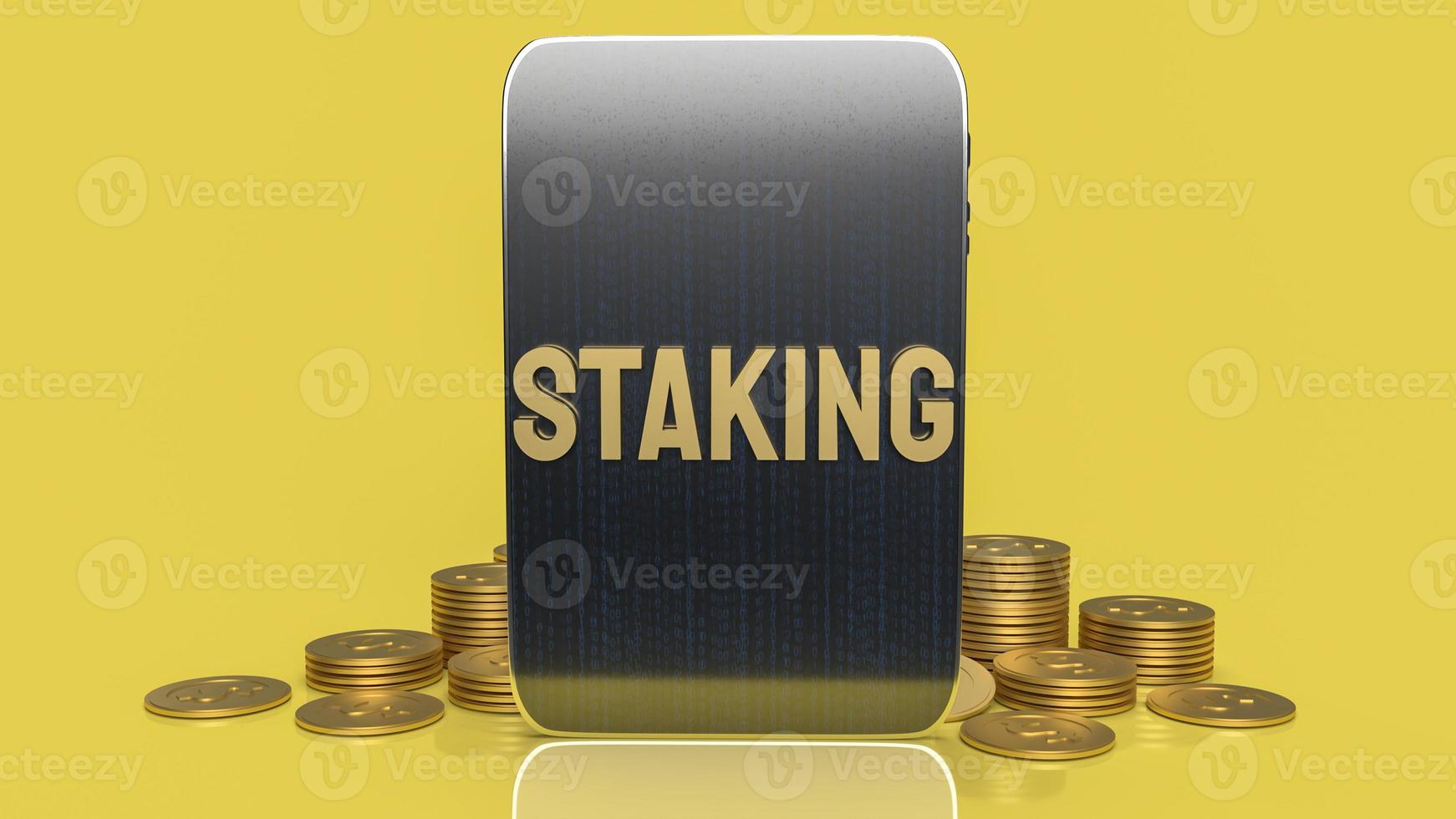 The gold word staking and tablet for business or cryptocurrency concept 3d rendering. photo