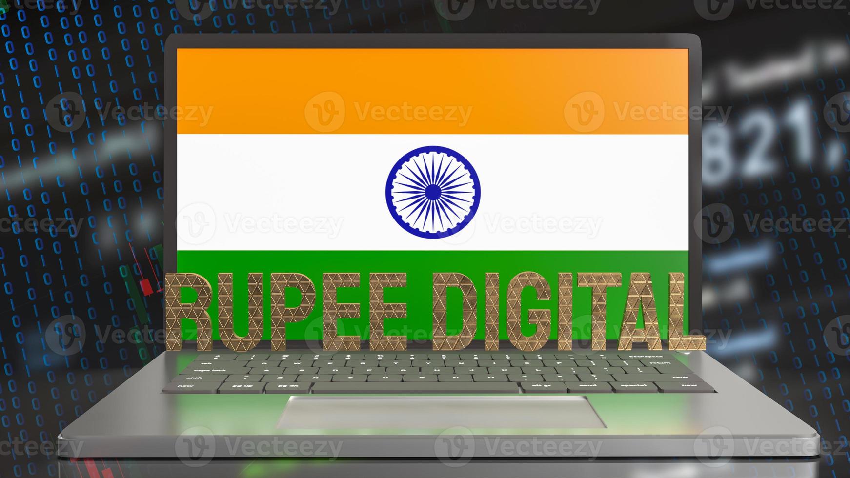 la rupia digital y la bandera india en el portátil para tecnología y concepto de negocio 3d renderizado foto