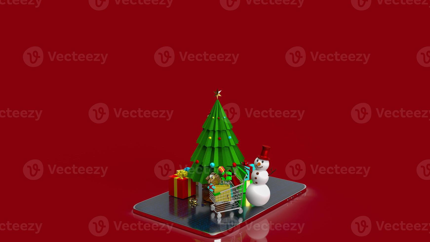 Christmas tree and shopping cart on tablet  for celebration or holiday concept  3d rendering photo
