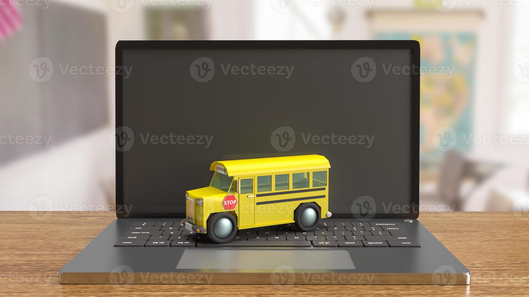 school bus on laptop for e learning concept 3d rendering photo