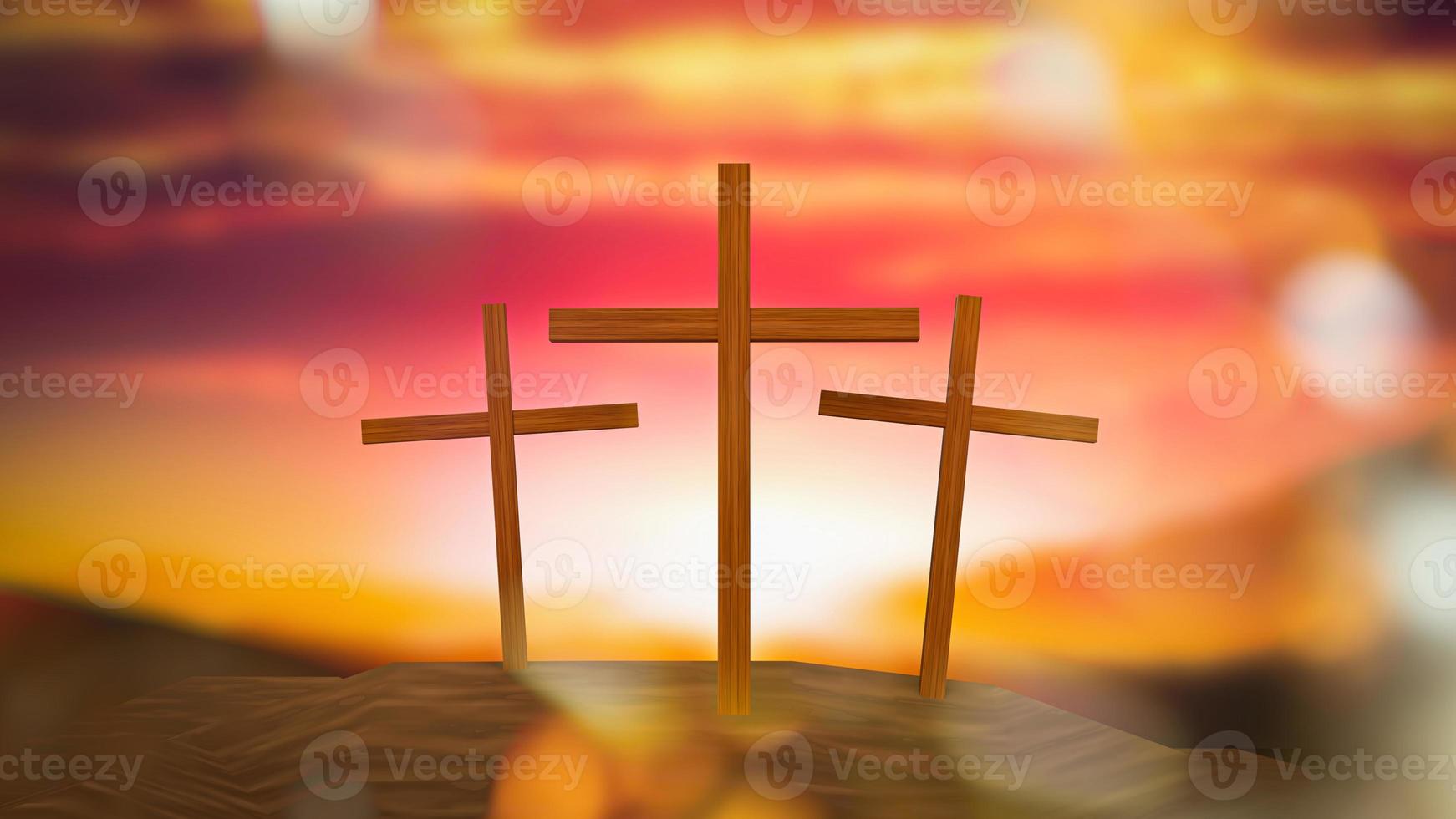 cruz de silueta en la montaña del calvario puesta de sol concepto de pascua representación 3d foto