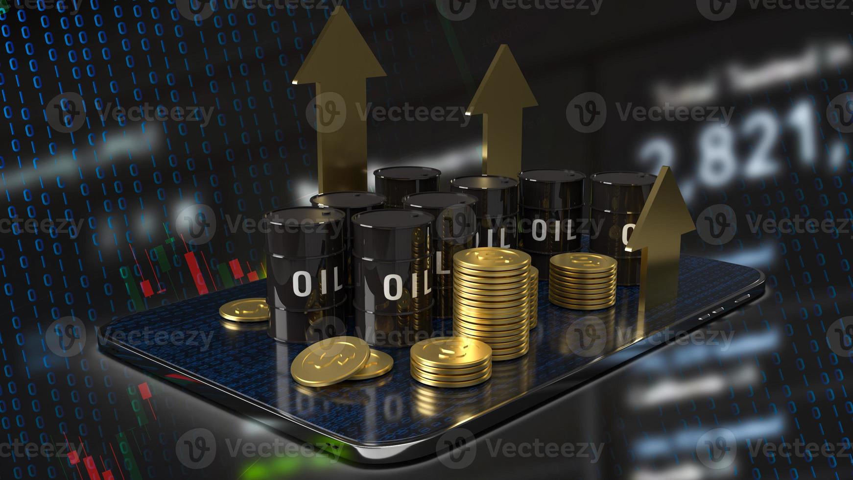 The oil tank on tablet and gold arrow up for  energy or petroleum business concept 3d rendering photo