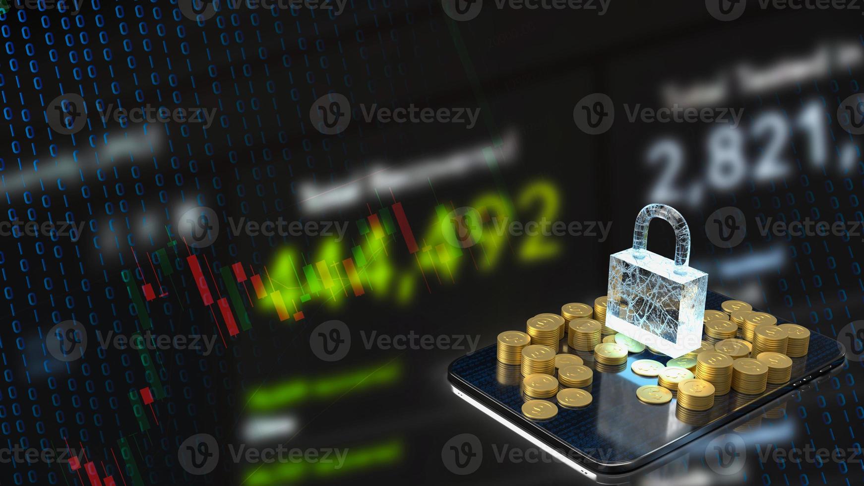 The master key or lock and gold coins on tablet for business concept 3d rendering photo