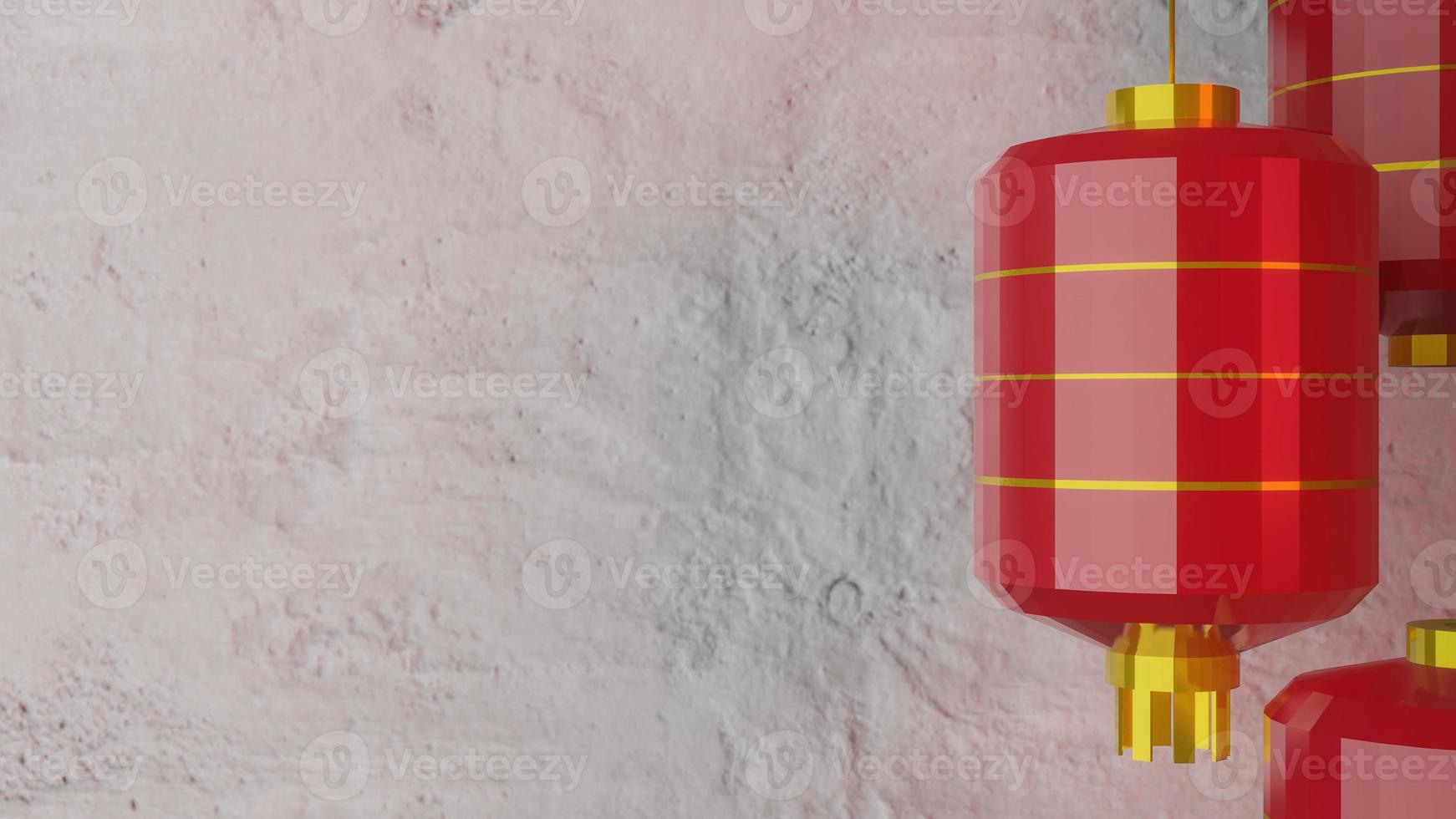 The red Chinese lantern on cement wall for Chinese content 3d rendering. photo