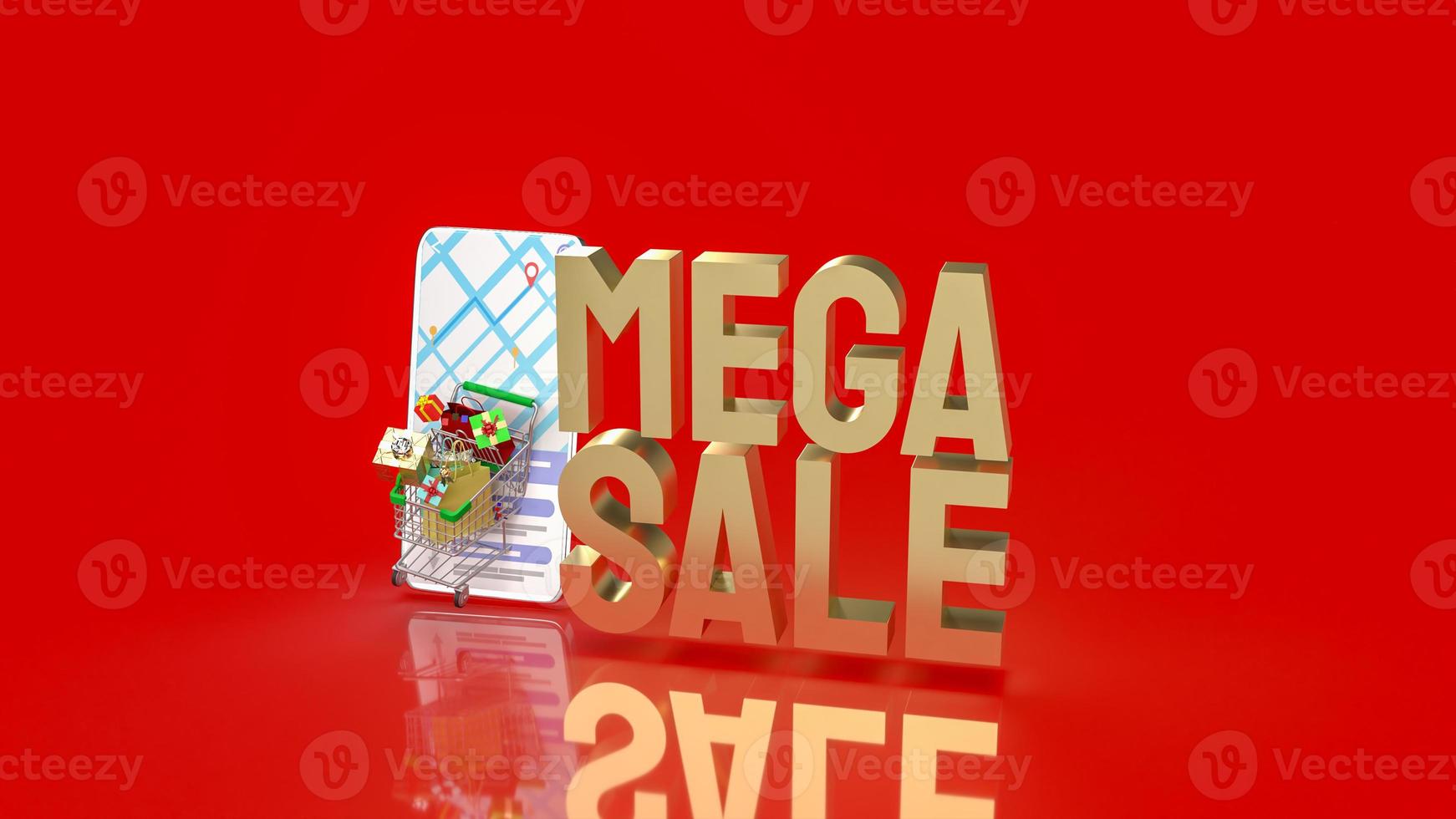 The shopping cart on mobile application and mega sale gold text for  online market 3d rendering photo