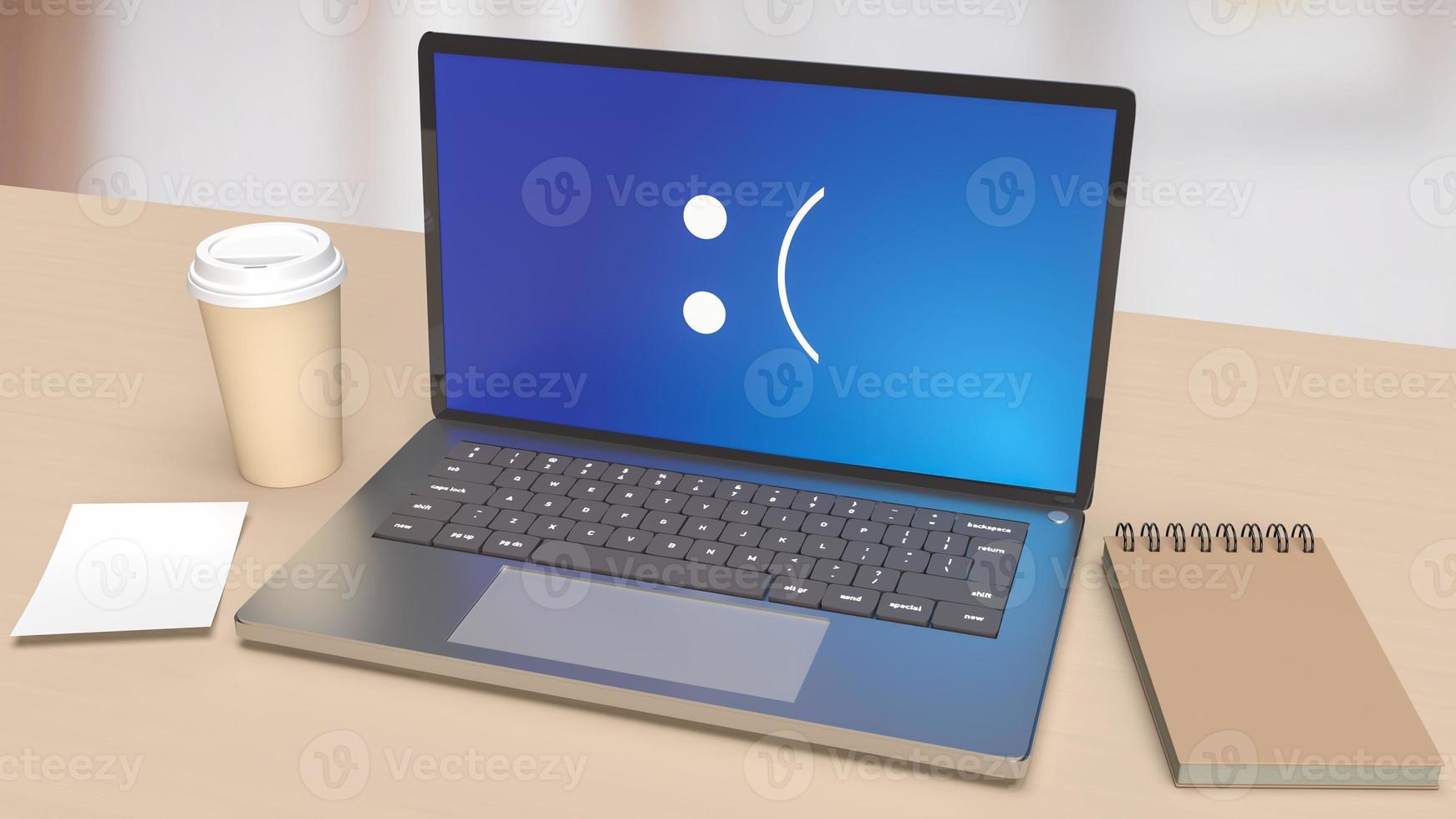 The laptop on wood table showing  blue screen error   3d rendering photo