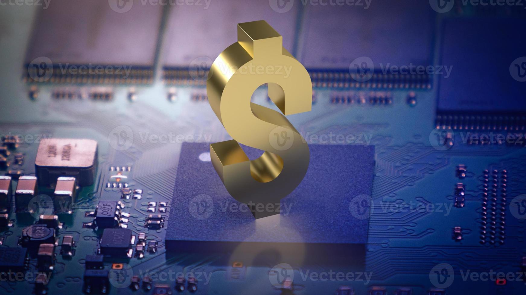 The dollar gold symbol on PCB BOARD for business or technology concept 3d rendering photo