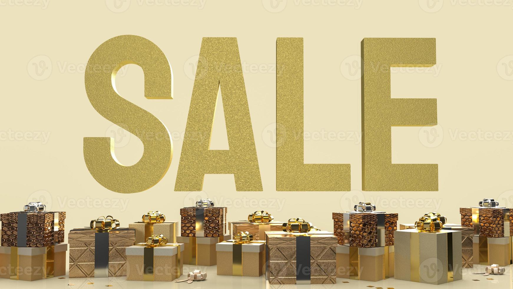 The sale gold text and gift box on  gold background 3d rendering photo