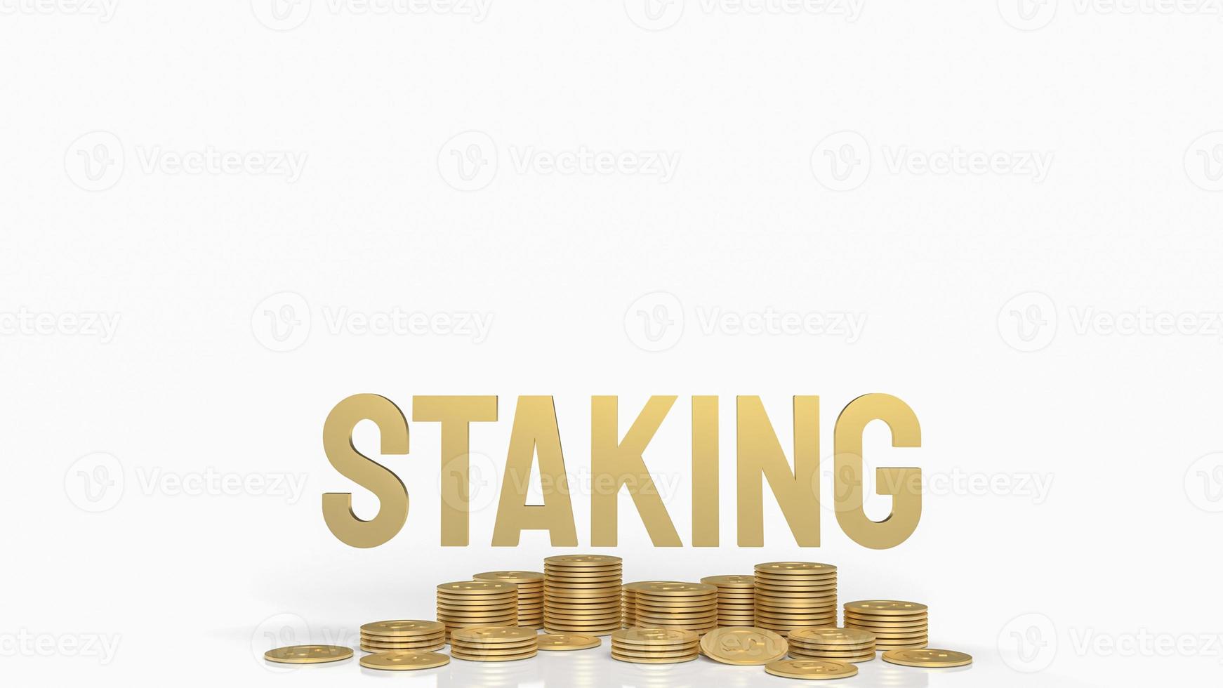 The gold word staking and gold coins for business or cryptocurrency concept 3d rendering. photo