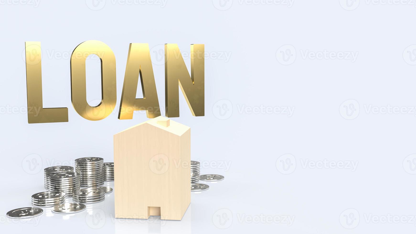 The loan text  gold coins and wood house on white background  for business concept 3d photo