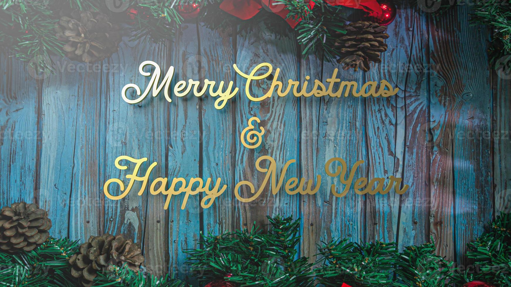 el texto dorado de feliz navidad y feliz año nuevo en madera para navidad o concepto de vacaciones representación 3d foto