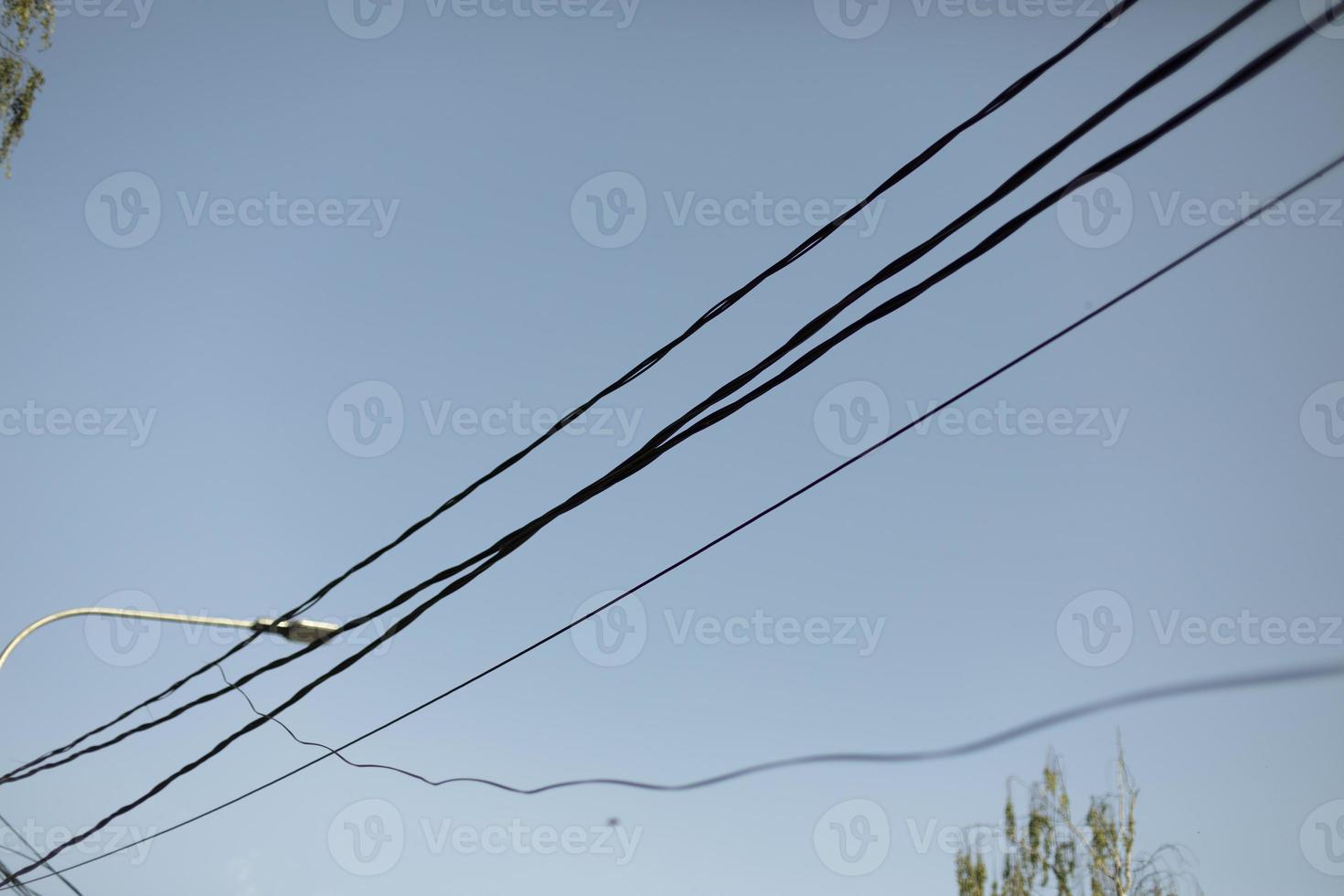 Wires in sky. Electrical wires against sky. photo