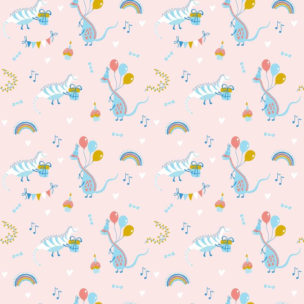 Birthday seamless pattern with dinosaurs, gifts, balloons, cupcakes, rainbows. Colourful vector illustration in simple cartoon hand-drawn style for kids birthday party, pajamas print, textiles, paper.