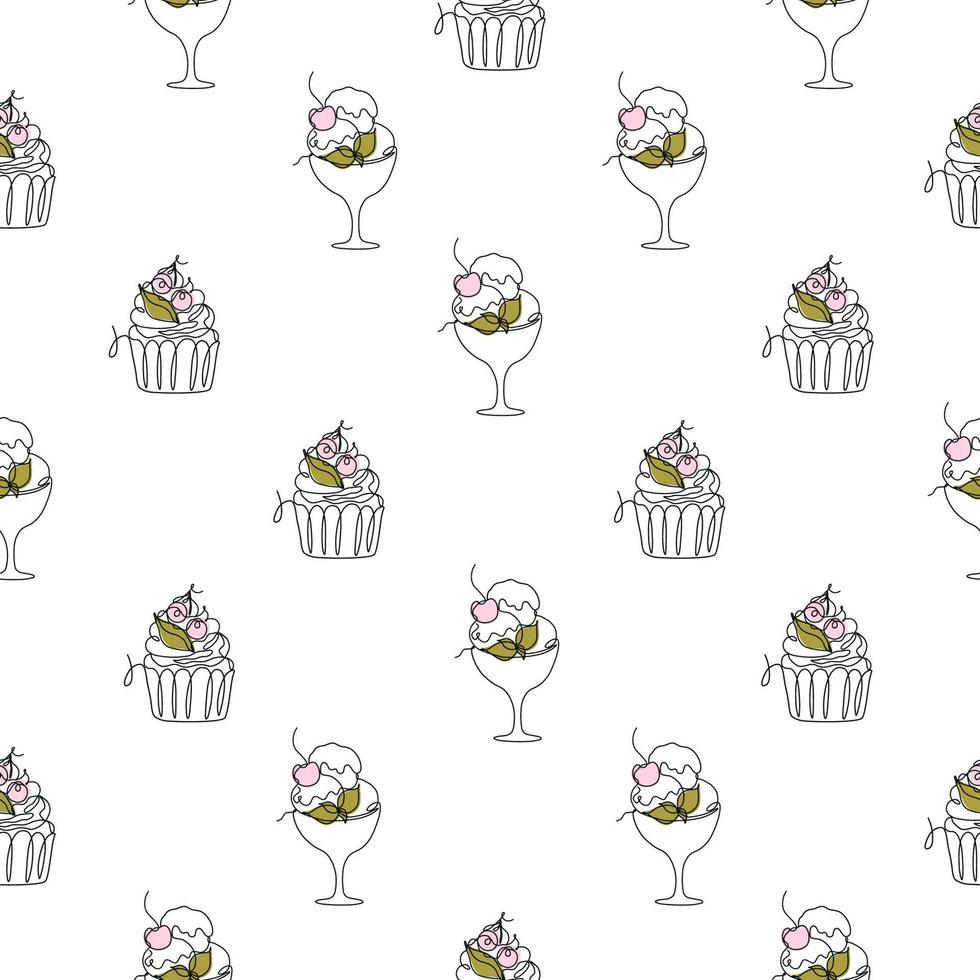 Seamless pattern with continuous line sweet desserts - cake, pie, ice cream. Vector texture on white background. Cute minimalistic illustration for fabric, textile, wrapping, scrapbooking.