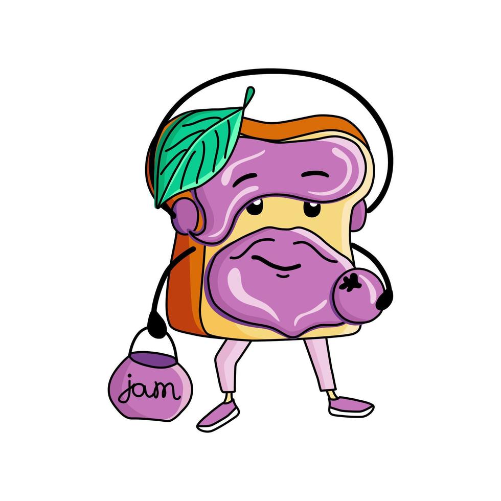 lindo personaje de tostadas de pan. sándwich divertido con mermelada de arándanos en una rebanada de pan. icono de ilustración de hipster de estilo de dibujos animados de vector aislado en blanco. elemento de diseño brillante para merchandising, menú, diseño emoji.