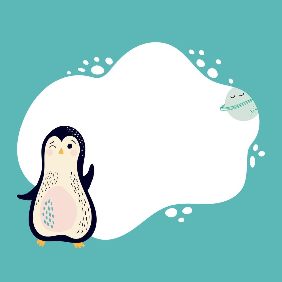 Vector illustration of penguin with blot frame in simple cartoon style. Template with cute character for your text or photo. Ideal for cards, invitations, party, kindergarten, preschool, baby nursery.