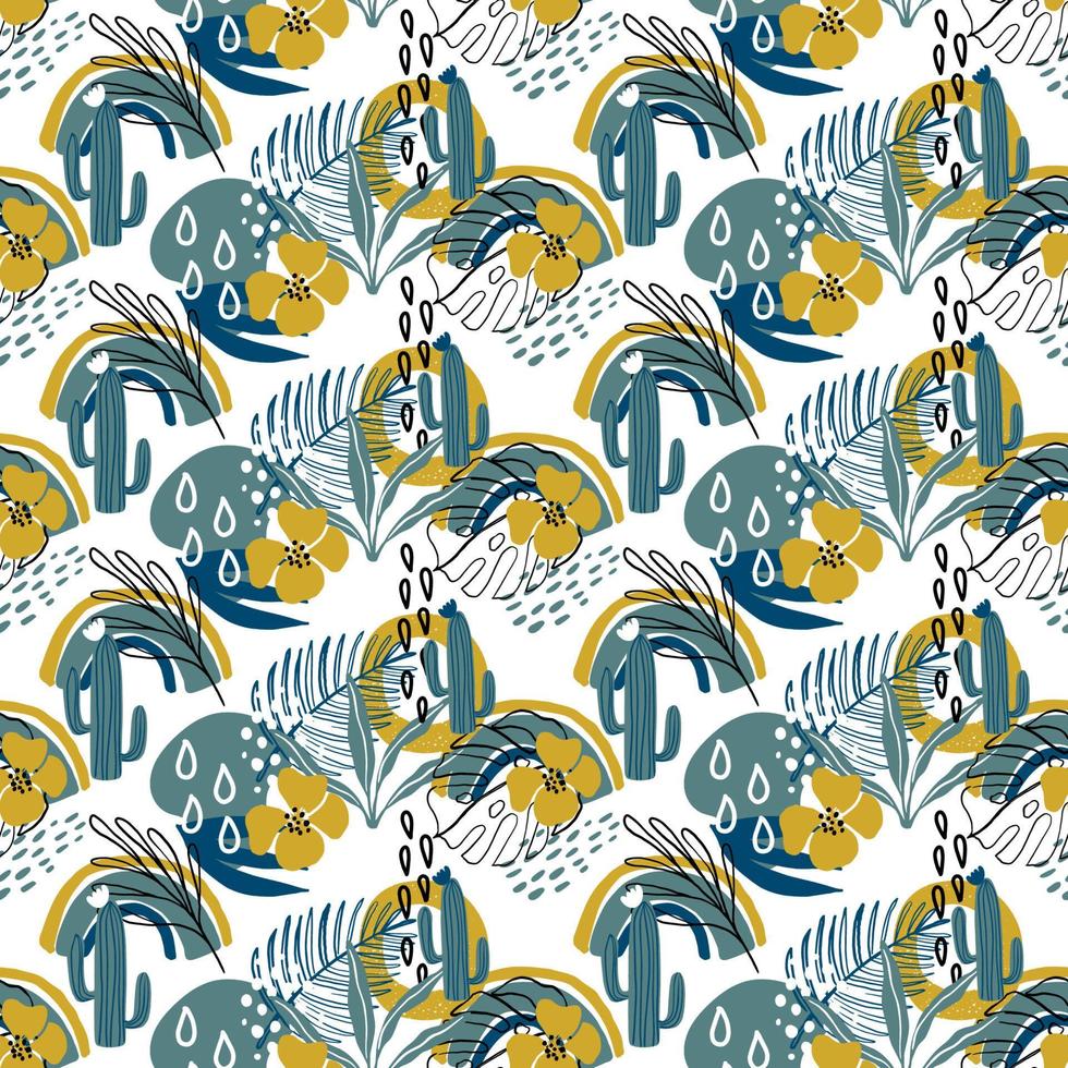Seamless tropical pattern with exotic plants, cactus, rainbow and modern textures on white background. Cute vector illustration. Jungle print for textiles, wrapping paper, fabric, scrapbooking.