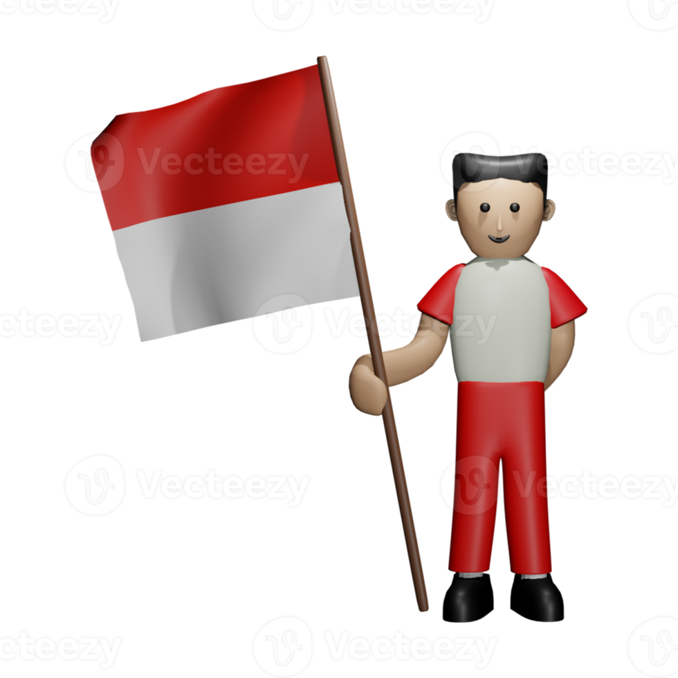 3d illustratie van een man die een Indonesische vlag vasthoudt png