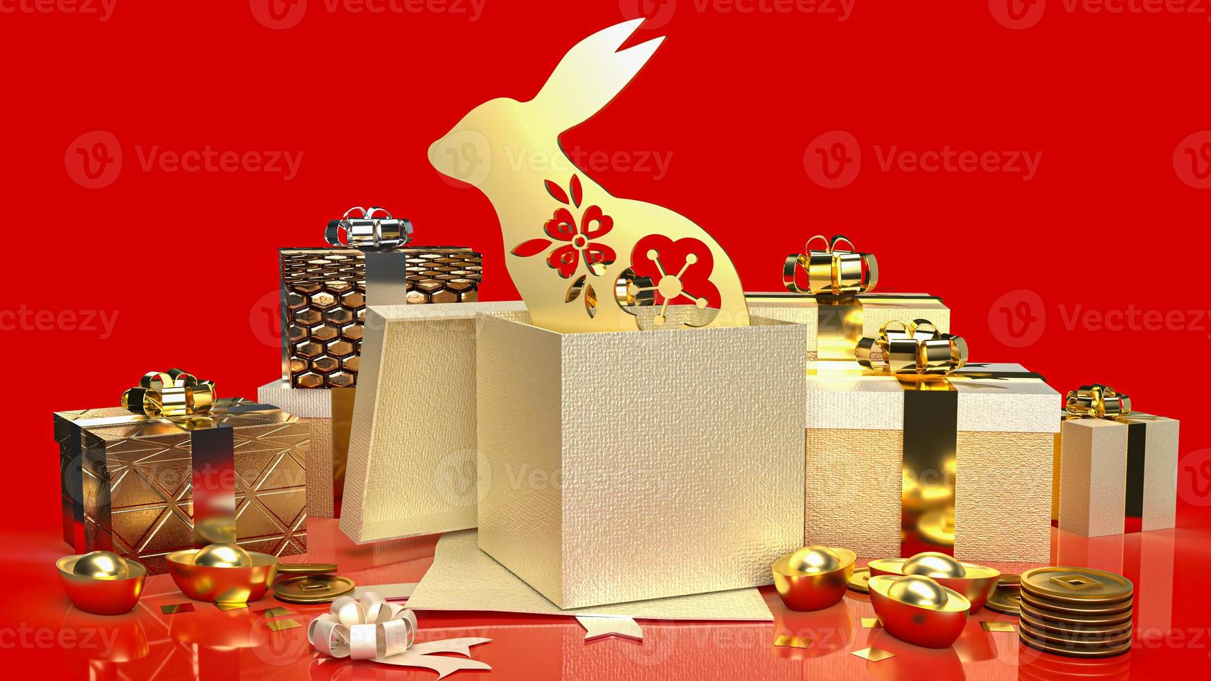 The gold rabbit in gift box for promotion concept 3d rendering photo