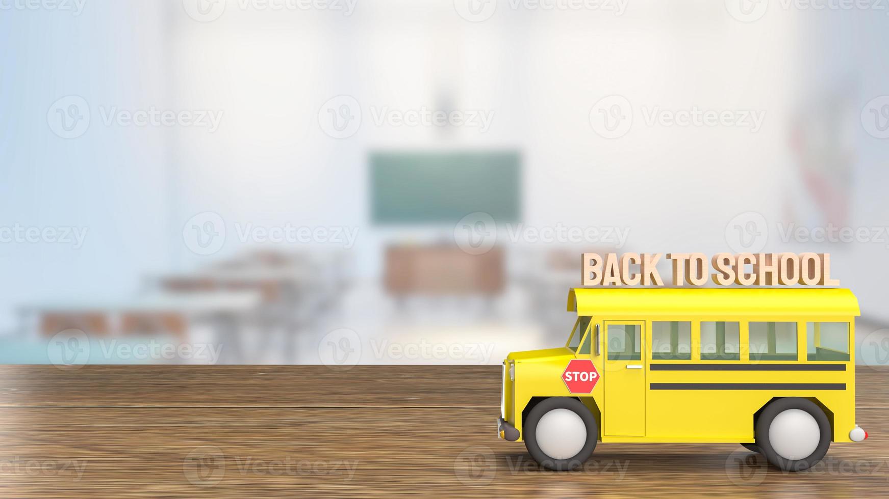 The schoolbus on wood table for back to school concept 3d rendering photo