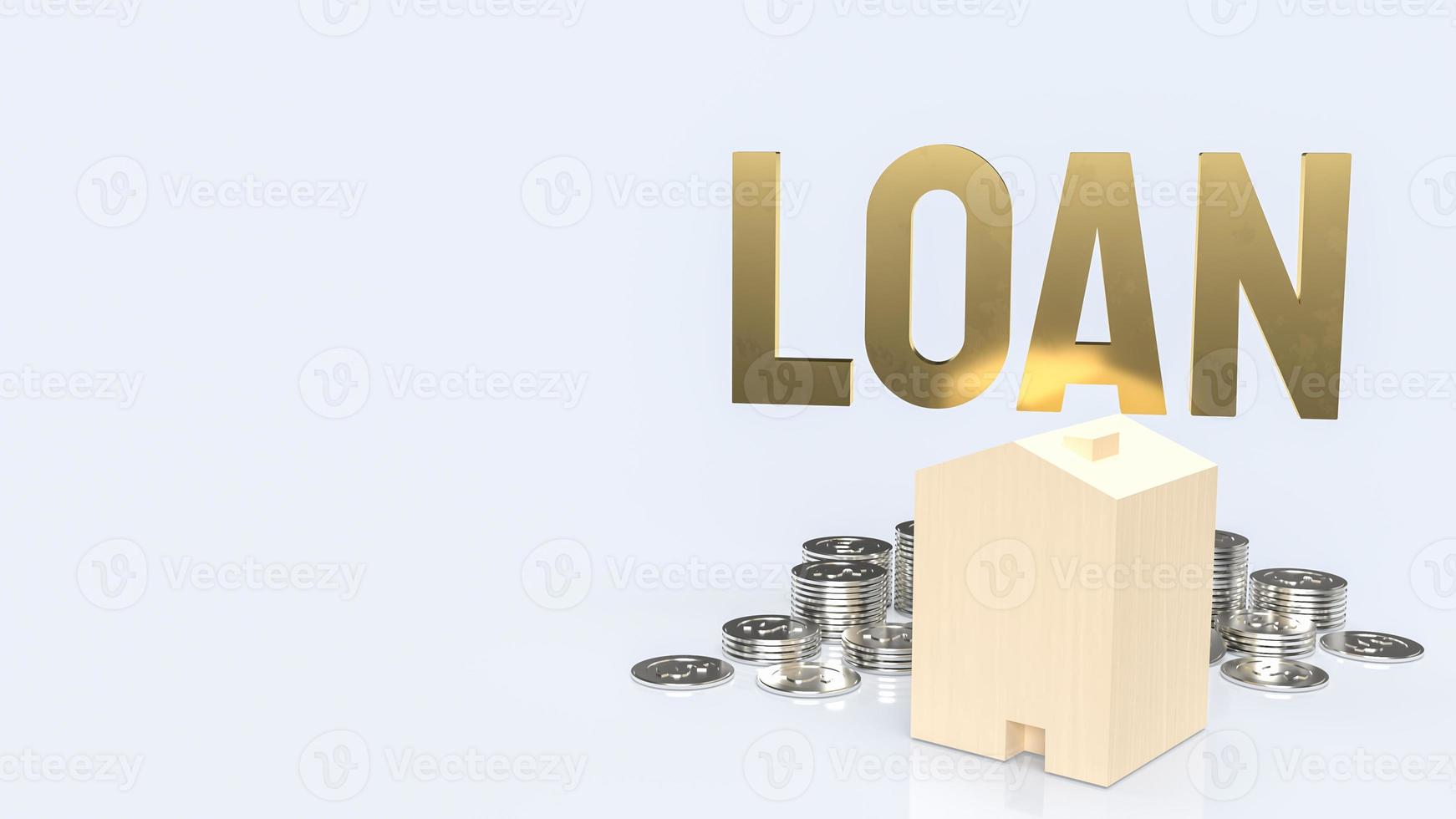 The loan text  gold coins and wood house on white background  for business concept 3d photo