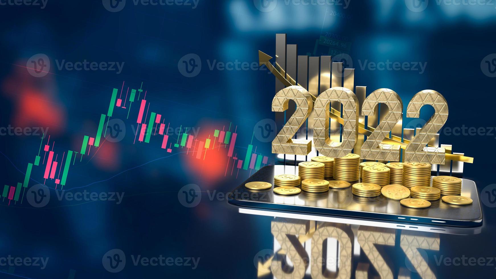 el gráfico comercial de texto dorado de 2022 y las monedas de oro en la representación 3d de la tableta foto