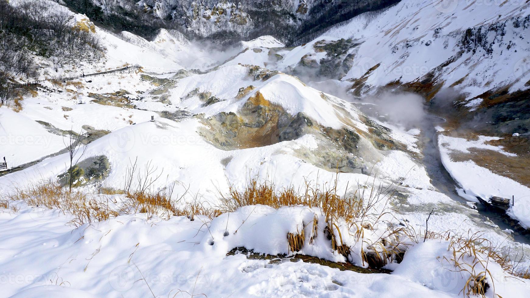 Closeup Noboribetsu onsen snow mountain hell valley photo