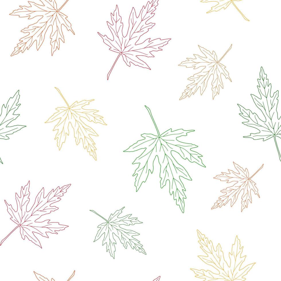 Autumn leaves seamless pattern outline seasonal images simple fall repeat ornament in hand drawn doodle style for gift paper, textile vector