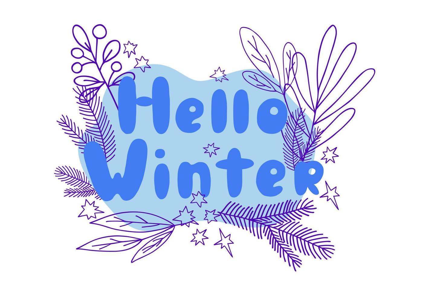 Christmas floral composition with Hello winter phrase in simple hand drawn cartoon style for greeting cards, invitations, banner vector illustration