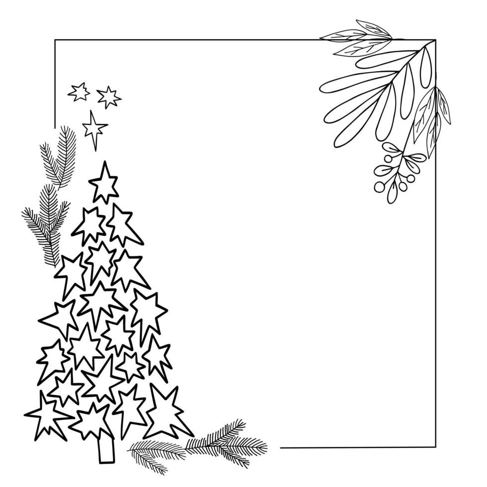 Christmas floral composition with fir trees and leaves branches in simple hand drawn doodle style for greeting cards, invitations, banner vector illustration