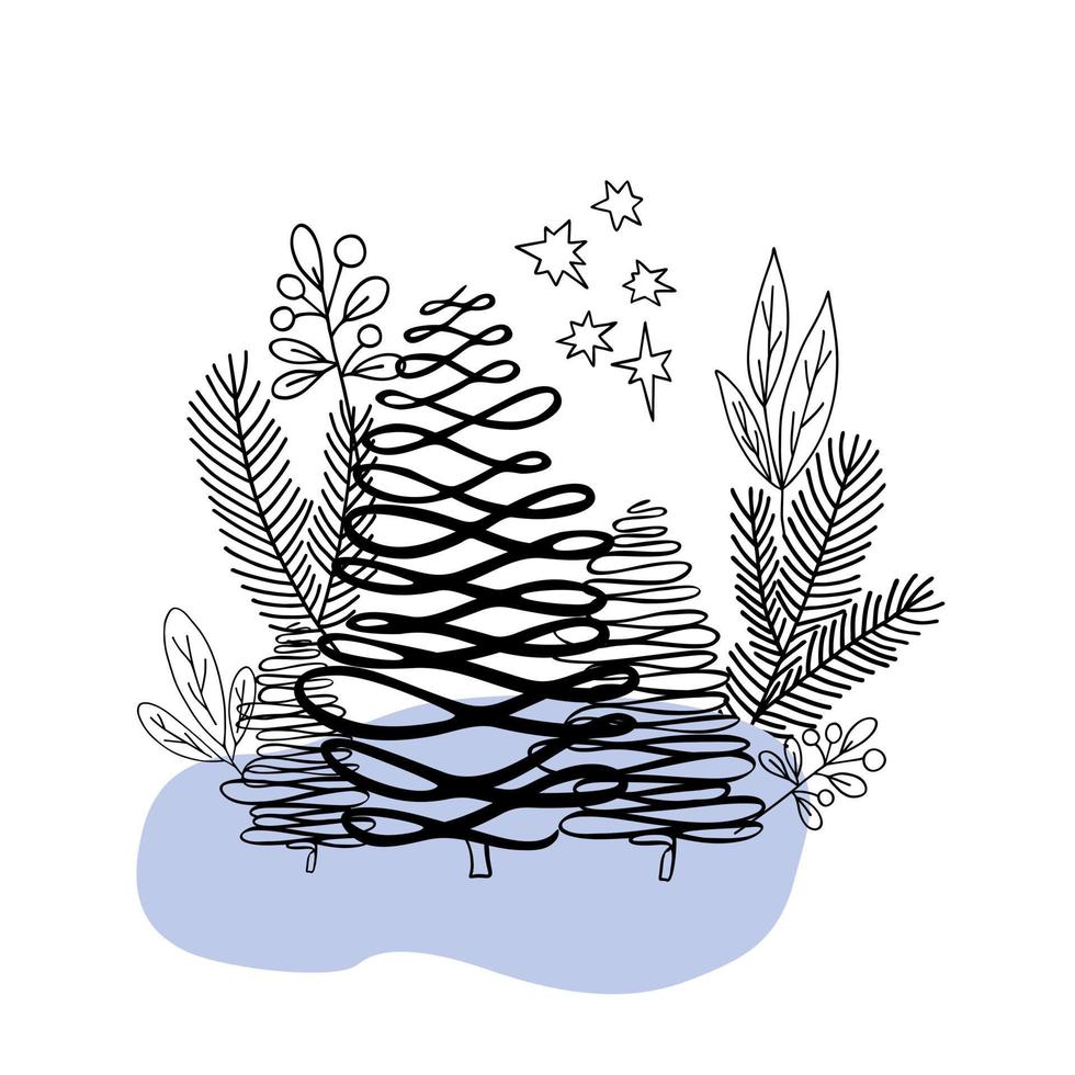 Christmas floral composition with fir trees and leaves branches in simple hand drawn doodle style for greeting cards, invitations, banner vector illustration
