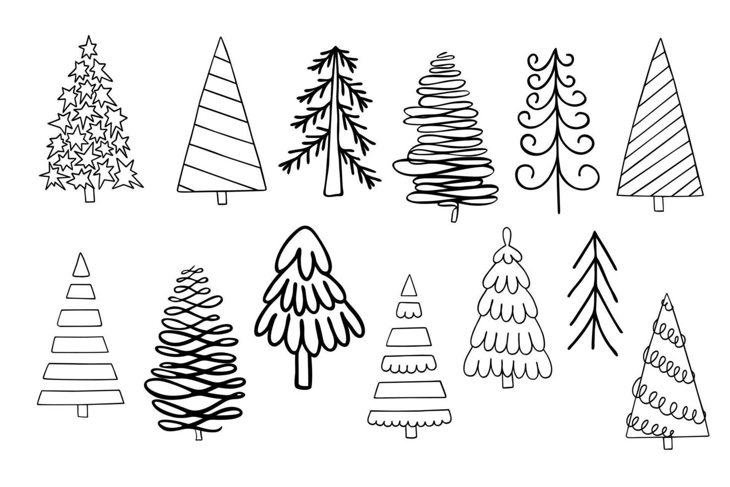 Christmas tree simple vector set in cute cartoon style, decorative forest fir-tree for textile, gift paper, family gatherings winter holidays design, wintertime festive celebration