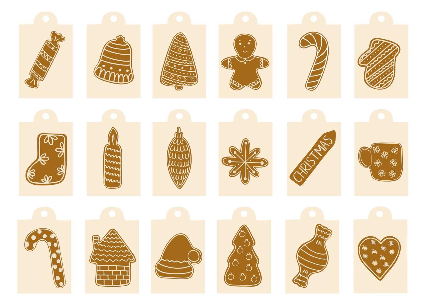 Christmas gingerbread cookies gift tags labels set, traditional holiday celebration design hand drawn in doodle style decorated with sugar icing winter sweet food vector