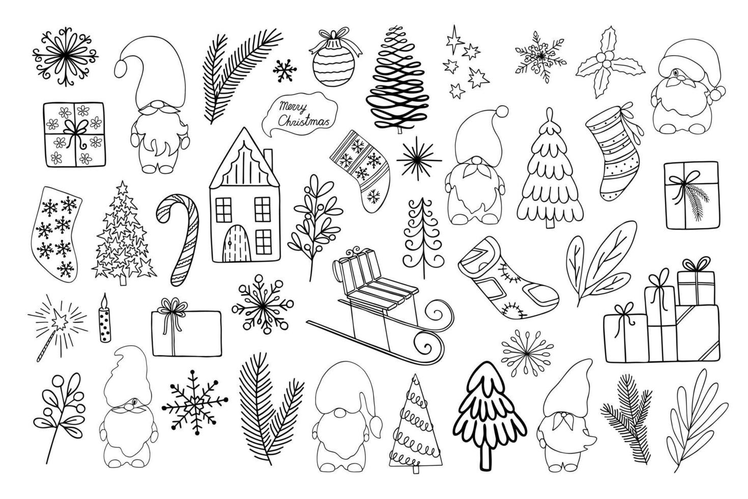 Christmas elements set trees, gifts, stockings, candy cane, snowflakes, gnomes hand drawn in simple outline doodle style for winter holidays greeting cards, invitations, banners, decor, stickers vector