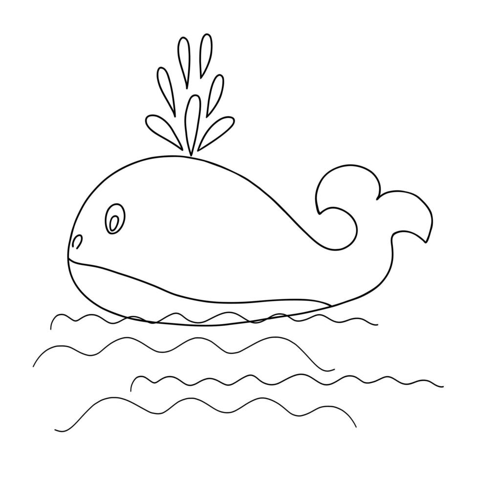 Cute funny whale marine animal simple hand drawn outline vector illustration, wild ocean creature funny character for coloring page, kids design, nursery, poster, greeting card, home decor