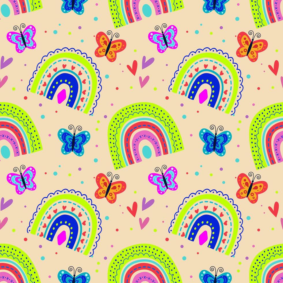 Vector seamless pattern with rainbows of bright colors with a beautiful ornament highlighted on a white background is ideal for children's posters.