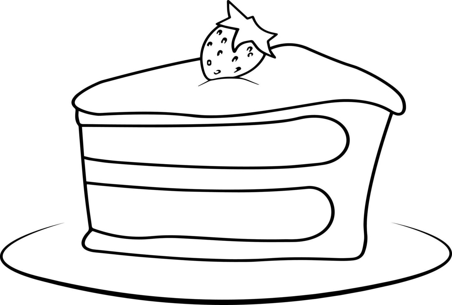 un trozo de tarta con fresas dibujadas a mano. ilustración vectorial en blanco y negro. tarjetas de cumpleaños, carteles, recetas, diseño culinario, libros para colorear para niños. hermosa ilustración vectorial. vector