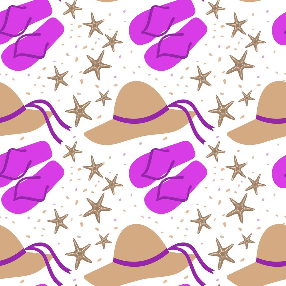 Vector seamless pattern with flip-flops, hat and starfish. Beach accessories for recreation. It is used for web design, packaging, wallpaper, textiles, advertising, postcards, books, marketing.