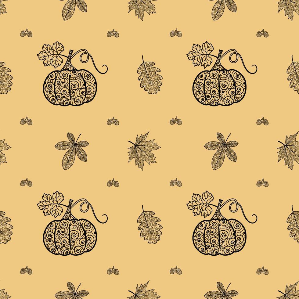 Seamless black and white pattern with pumpkins and autumn leaves. Autumn illustration for Halloween.An idea for magazines, wrapping and wrapping paper, notebook covers, diary and albums. vector