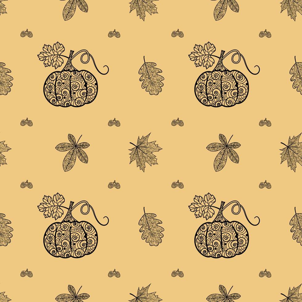 patrón blanco y negro sin costuras con calabazas y hojas de otoño.  ilustración de otoño para