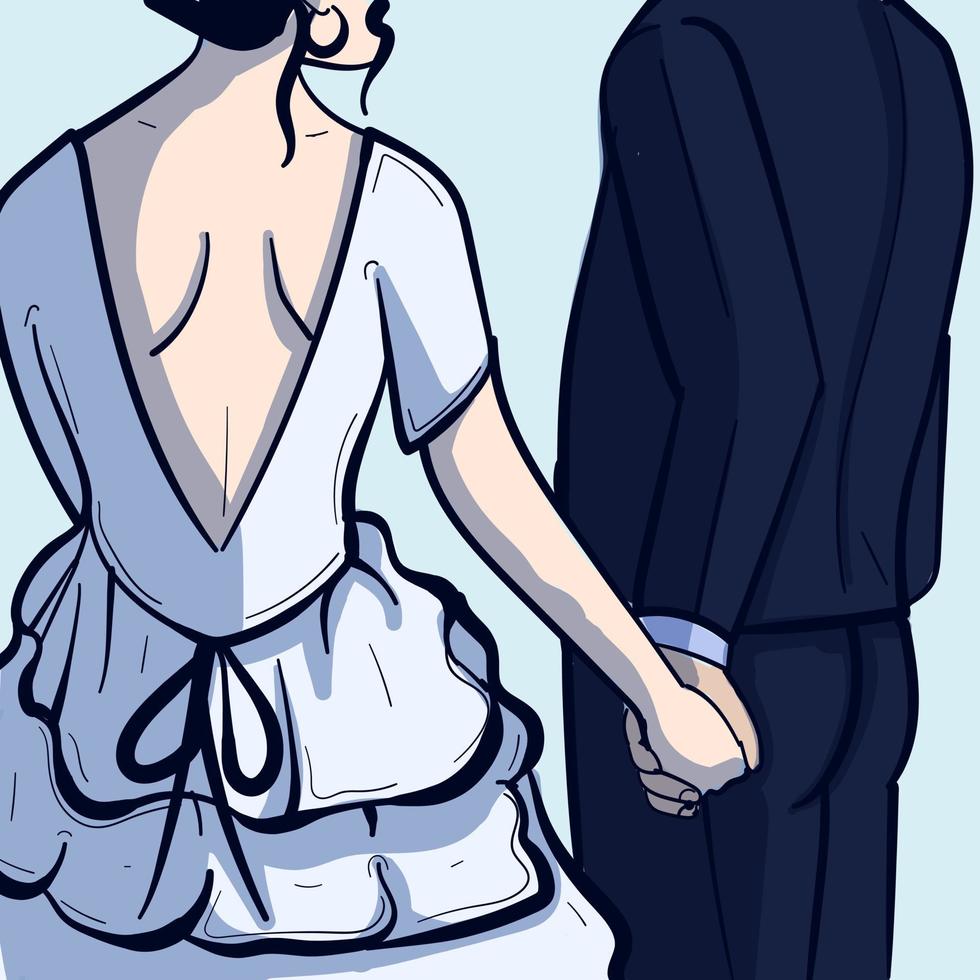 novia y escoba con traje y vestido de novia. vista trasera de una pareja celebrando su amor. imagen romántica de una ceremonia. dos personas juntas. vector