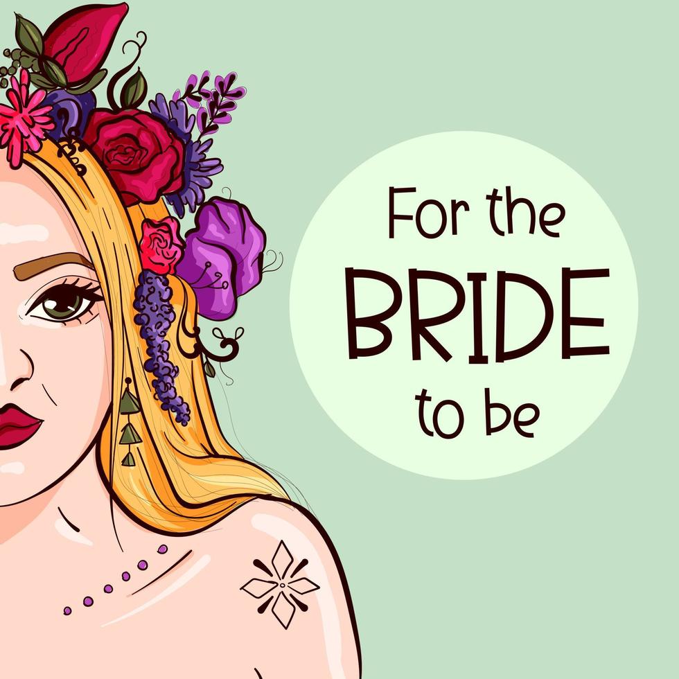 Vector art of a blonde bride with floral decorations on her hair. Wedding drawing with a woman having a flower corsage and a tattoo on her shoulder. Card and poster with the text for the bride to be