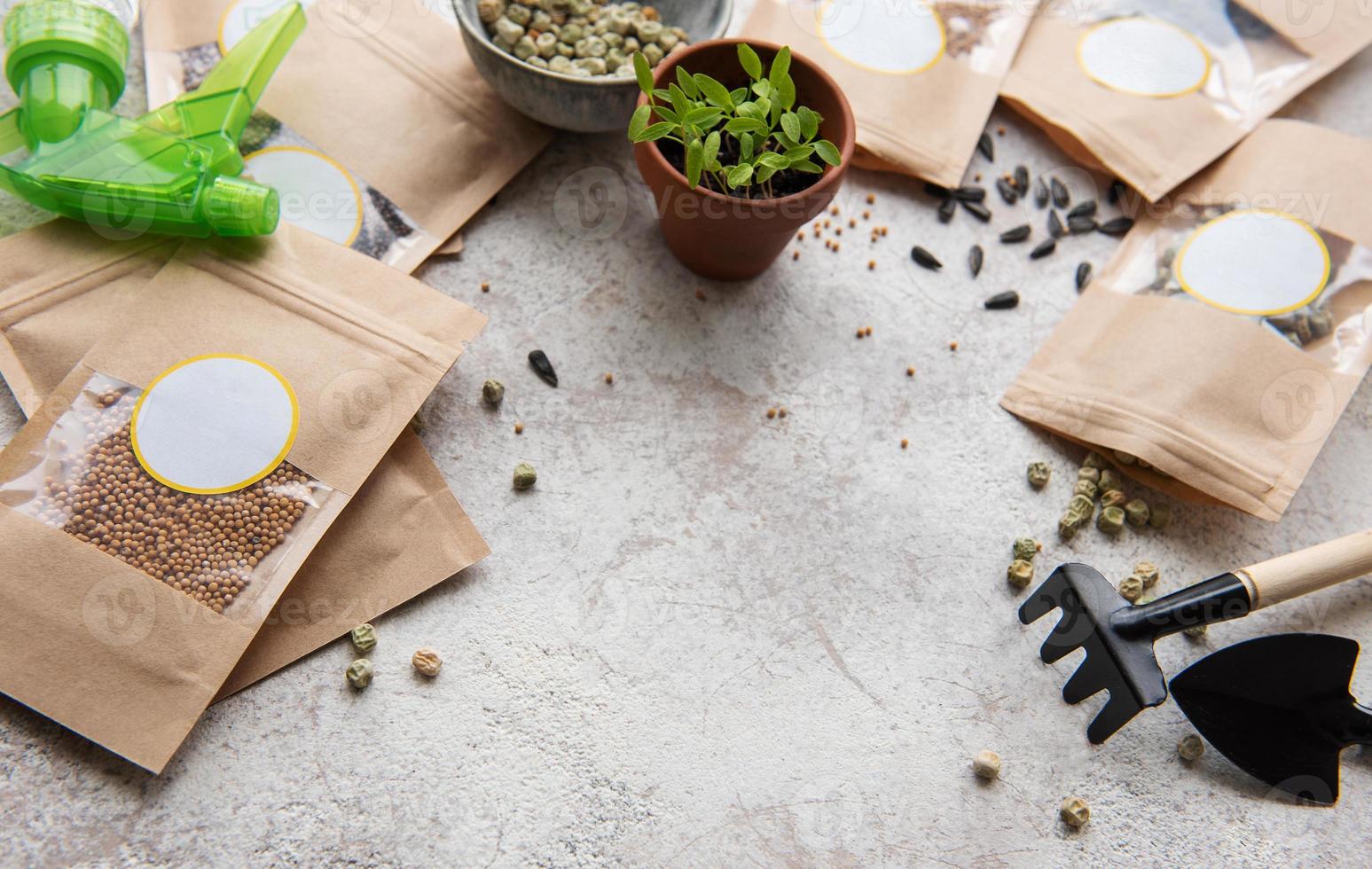 Microgreen seeds in paper bags and equipment for sowing microgreens. photo