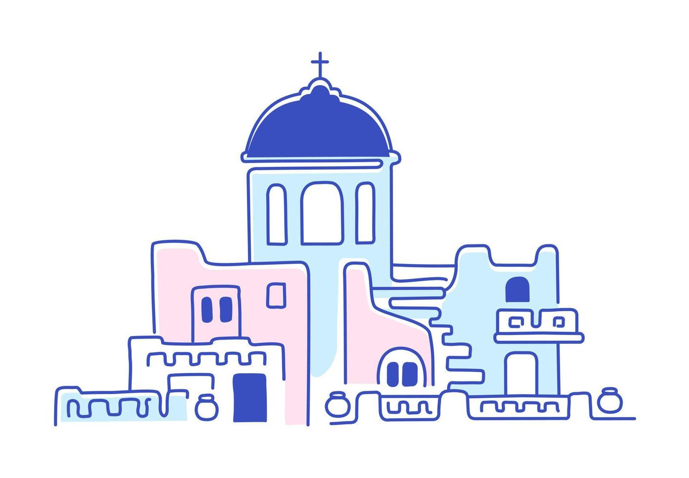 Santorini island, Greece. Beautiful traditional architecture and Greek Orthodox churches. The Aegean sea. Advertising card, flyer. Vector linear illustration in doodle style