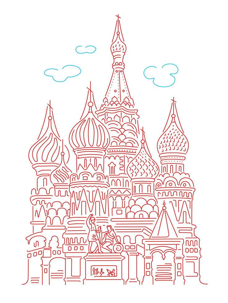 Basil's Cathedral in Moscow on Red Square. Landmark of Russia. Vector linear illustration isolated on white background