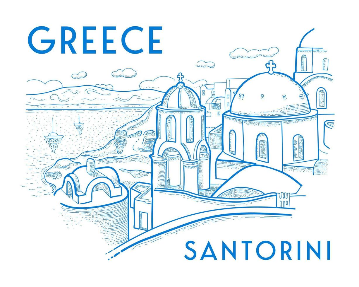 Santorini island, Greece. Beautiful traditional architecture and Greek Orthodox churches. The Aegean sea. Advertising card, flyer. Vector illustration in engraving style in blue color